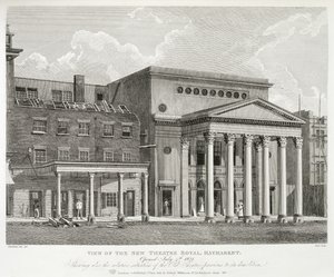 Udsigt over New Theatre Royal, Haymarket, i London, åbnet den 4. juli 1821, viser også den relative situation af det gamle teater før dets nedrivning, indgraveret af Dale, 1822 af Robert Blemell after Schnebbelie
